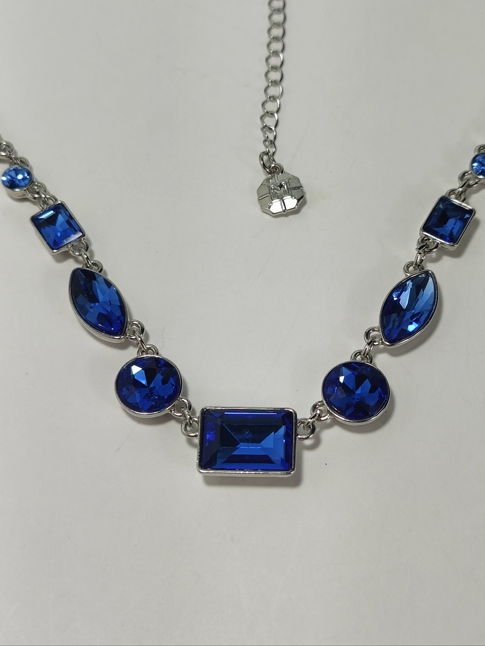 Monet Blue Crystal Statement Necklace Silver Tone 17–19” Signed Lobster Clasp